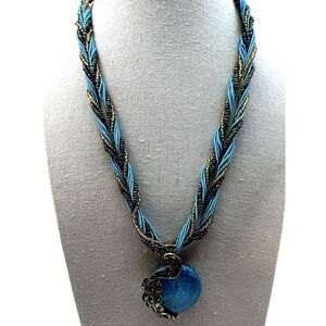 NEW Blue And Gold Colors Peacock Design Braided Chain Pendant Necklace